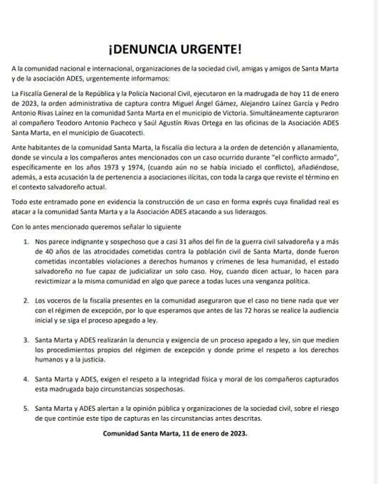 #Nacional <a href="/rdefensoras/">Red Salvadoreña de Defensoras de DDHH</a> se pronuncia a través del siguiente comunicado por las detenciones arbitrarias de esta madrugada de líderes y defensores de derechos humanos en la comunidad de Santa Marta, municipio de Victoria departamento de Cabañas.

#ITVX