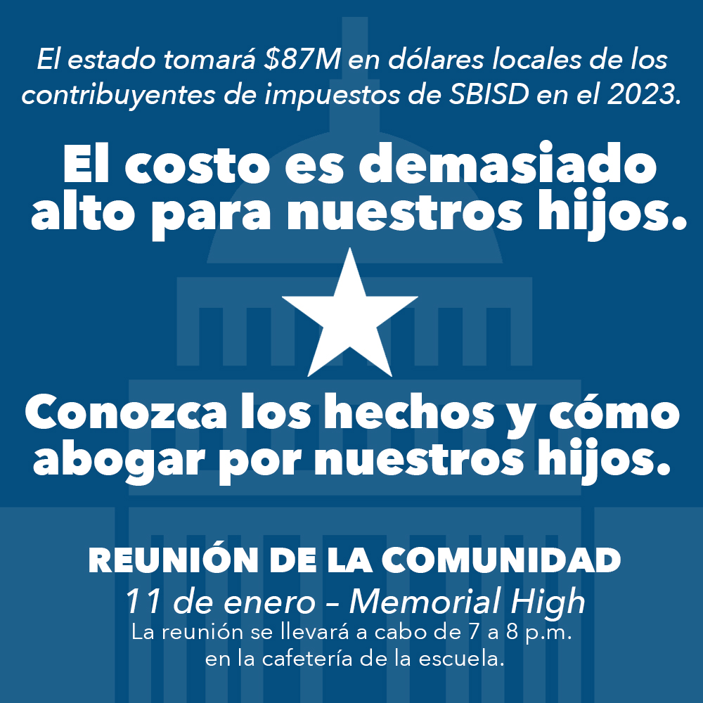 SBISD's tweet photo. Your voice matters in the conversation about school funding in Texas. #FullyFundSBISD

📢 SBISD’s School Finance Advocacy community meeting
🗓️ Wed., Jan. 11 @ 7 p.m.
📍 Memorial High cafeteria (Parking is on the west side of campus near softball field)
📲 https://t.co/2chH67rPqn https://t.co/BhtA2DHGi7