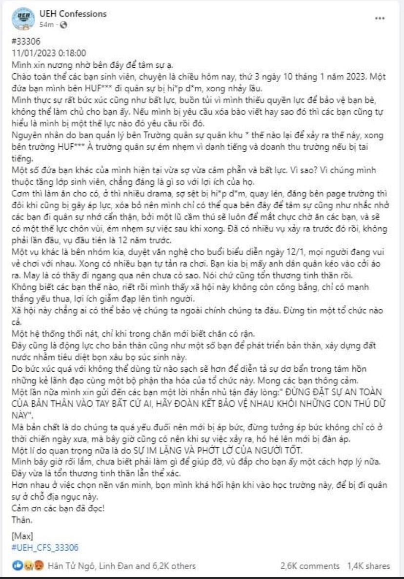 xsdf65's tweet photo. #baovesinhvienHUFLIT #HUFLIT 
#hiepdamquankhu7

A FEMALE COLLEGE STUDENT AT HUFLIT UNIVERSITY (VN) WAS GANG-RAPED BY 12 MILITIA MEMBERS AND COMMITTED SUICIDE DURING HER MILITARY TRAINING COURSE

A CONFESSION MADE BY HER FRIEND, POSTED ON UEH CONFESSION (english translation by me) https://t.co/4BpYzdQkOm