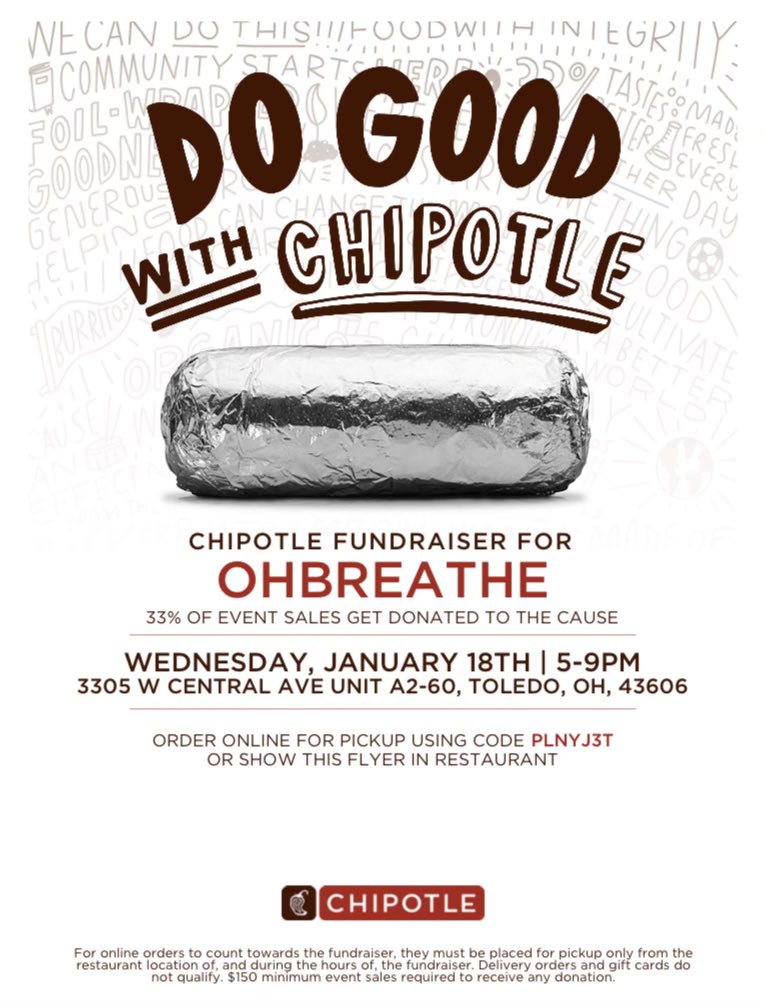 Come check out the Chipotle OHbreathe fundraiser on Wednesday, January 18 from 5-9 pm!
