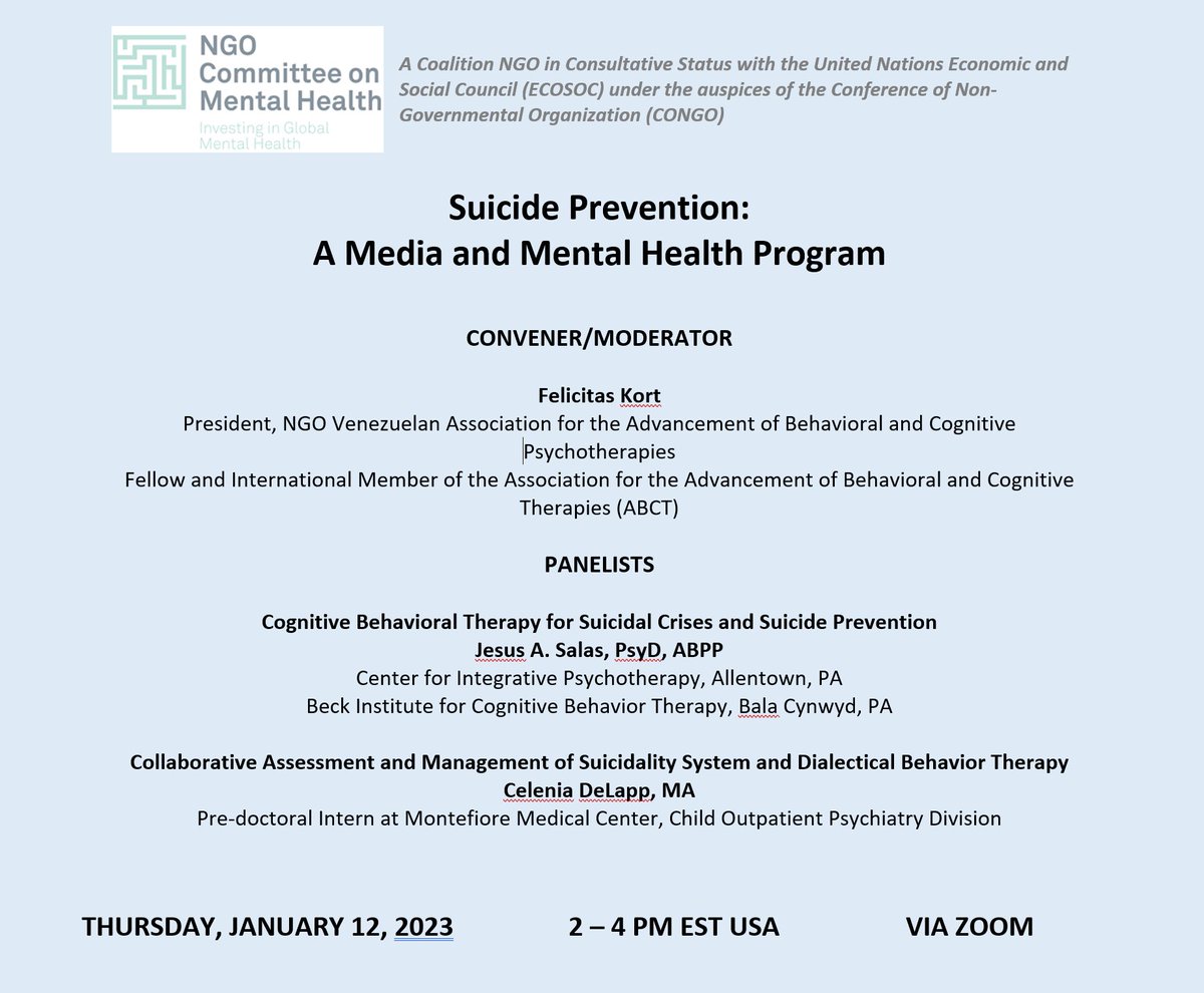 Please join us for our @NGO_CMH January program Suicide Prevention: A Media and Mental Health Program Thursday, January 12, 2023 2 to 4 PM EST USA via Zoom Feel free to share widely with your networks. Register Here: fordham.zoom.us/meeting/regist…