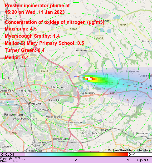 plumeplotter's tweet photo. Latest Preston incinerator plume plot, 15:20 11/01/23 #MyerscoughSmithy #TurnerGreen #Mellor https://t.co/vYUTMnLQDm https://t.co/NjsbuMPBik