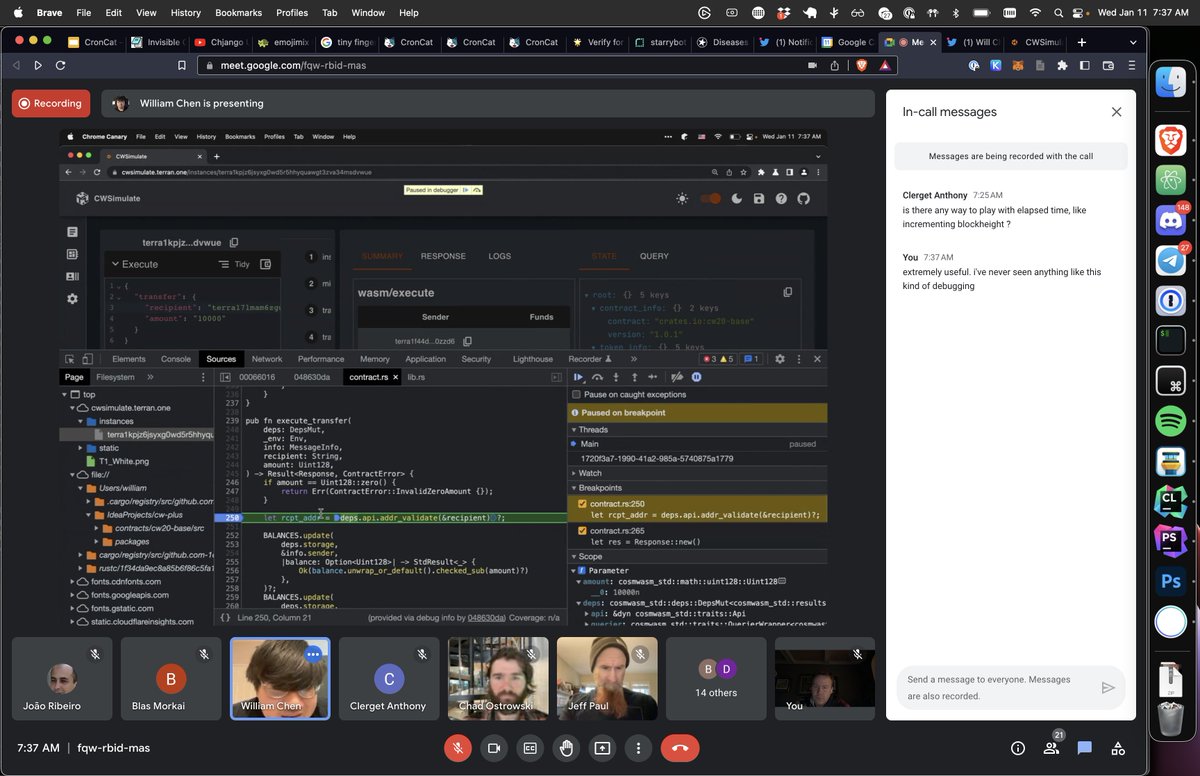 Screenshot of a presentation by William Chen showing that you can step debug a CosmWasm smart contract using Google Canary and a special extension