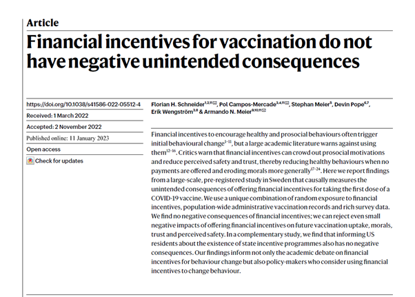 🤔 Does paying people for vaccination have negative consequences, such as reducing future vaccination and eroding moral values? No. Our new paper in Nature: “Financial incentives for vaccination do not have negative unintended consequences” nature.com/articles/s4158… 👇🧵