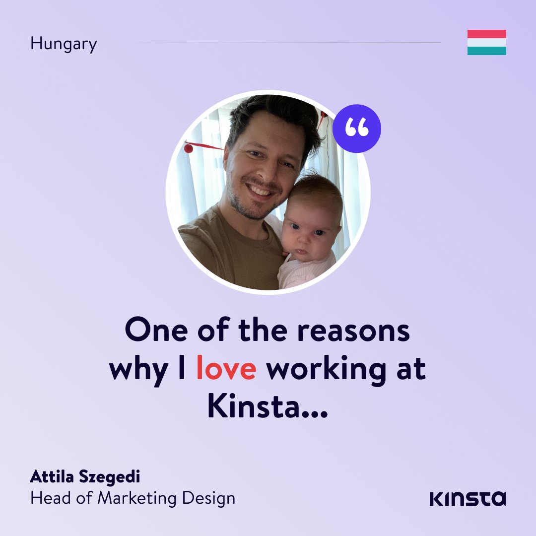 kinsta's tweet photo. “I recently went on #ParentalLeave to be with my family and focus exclusively on my newborn's arrival. I was present and took in the joy of it all - none of it was missed due to rigid policies.” - Attila Szegedi, Head of Marketing Design 🧑‍🍼

#PaternityLeave #LifeAtKinsta https://t.co/68QOumCciS