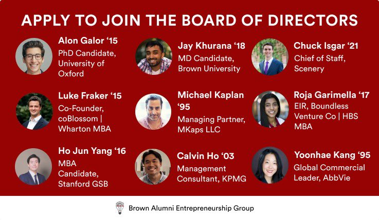 The Brown Alumni Entrepreneurship Group is excited to announce that applications are now open for the Board of Directors! Applications will remain open until Mar 31 and will be reviewed on a rolling basis. Apply at: lnkd.in/e8S-CnjF