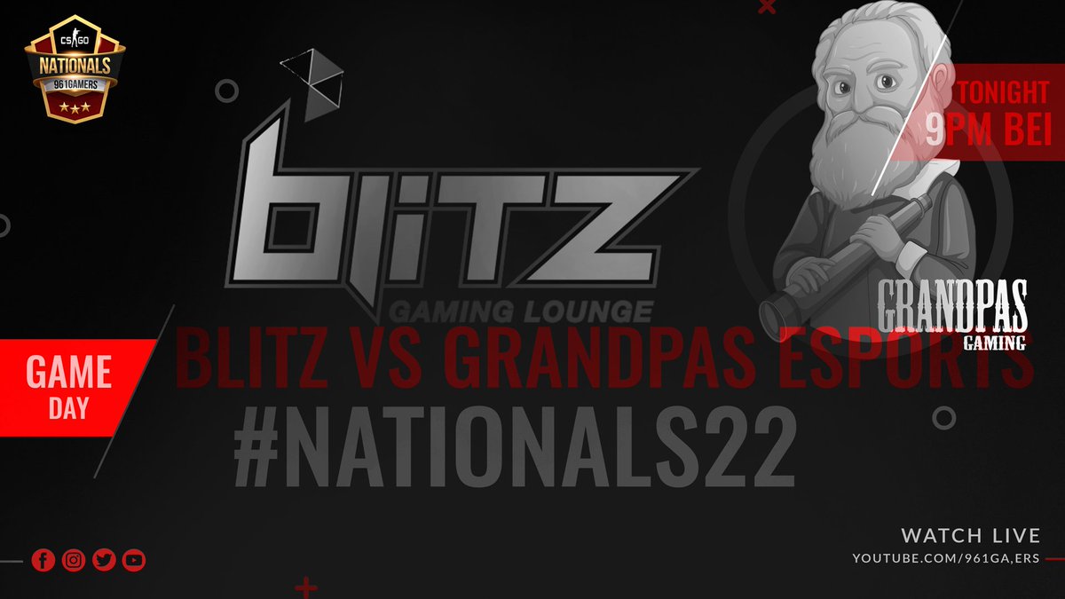 #GameDay 
It will be the end for one of the 2 teams tonight!
Watch the live starting #9PM Beirut on Youtube.com/961gamers 

Its #BlitzGamingLounge vs #GrandpasGaming 
#WeAreEsports #961Gamers #lebanon #Nationals