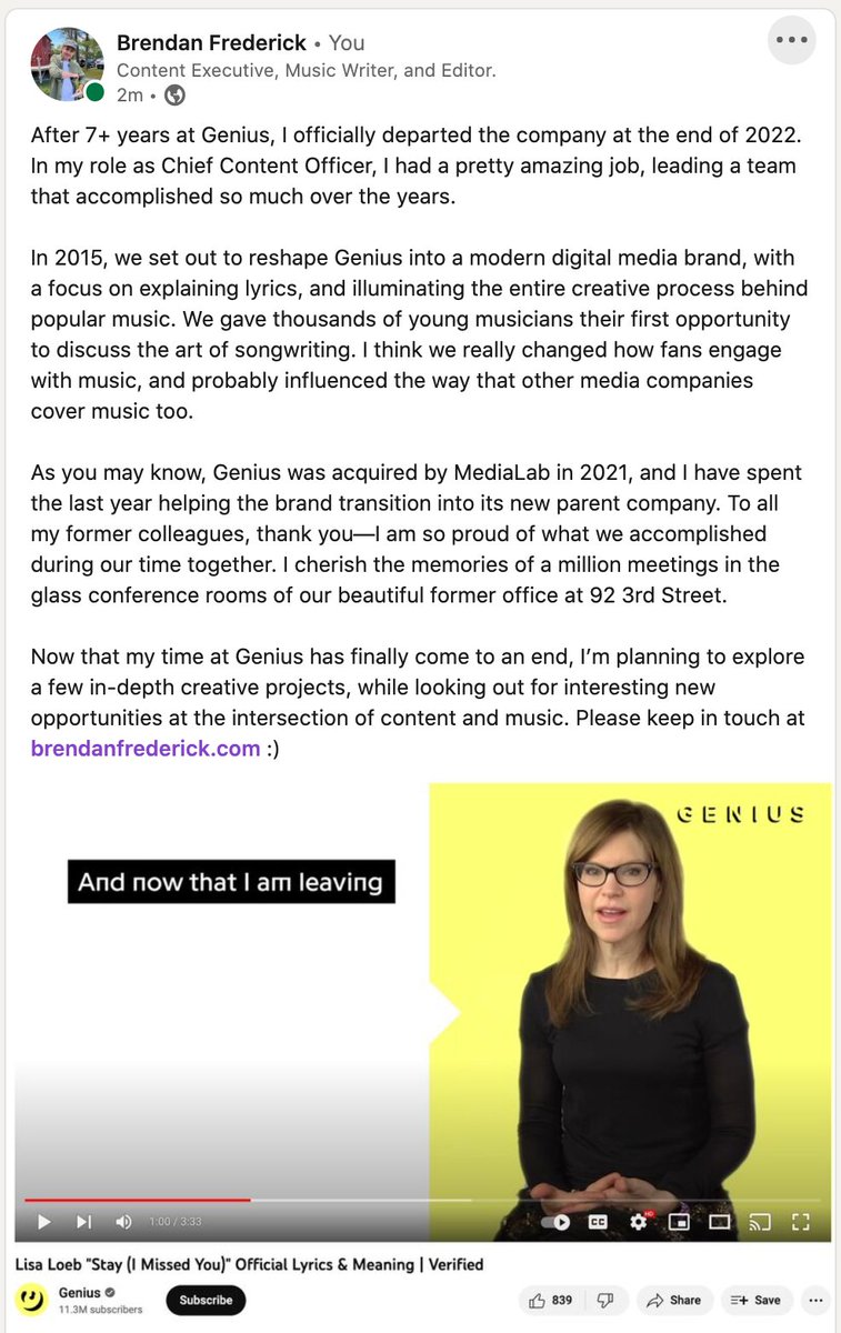 PSA: I am no longer working at Genius...here's a little note I just posted on Linkedin 📌

Keep in touch at brendanfrederick.com🖇