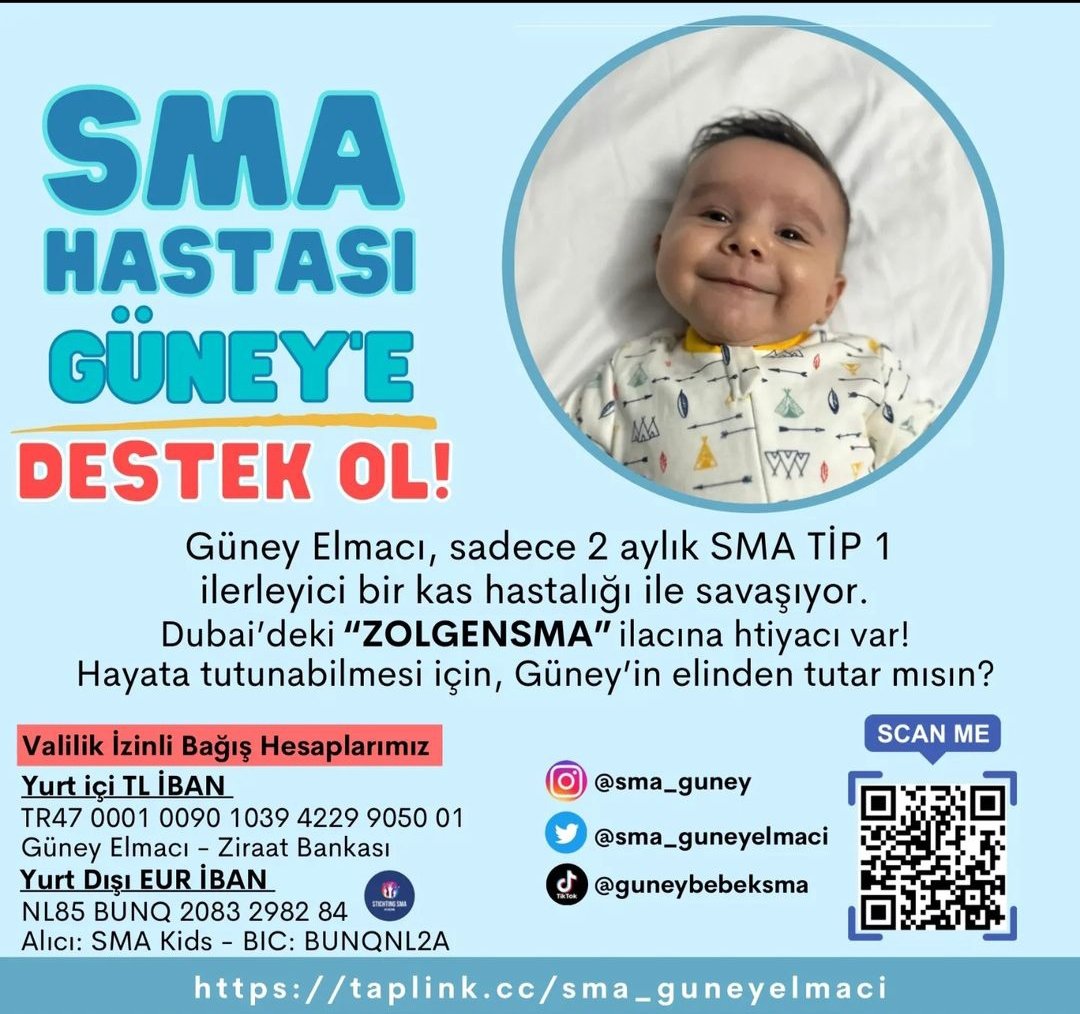 B_R_K_34's tweet photo. Arkadaşlar.. Bu kardeşimiz Güney. Doğumundan bir hafta sonra topuğundan alınan kan testi sonucu SMA TİP-1 hastalığı teşhisi konuldu.💙

Güney'in gülüp hayata tutunabilmesi için bu tweetin altına "Güney Elmacı" yazıp, ayrıca bu tweeti yayabilir misiniz?💙

#KalbimizdesinAhmetCalik https://t.co/dP5myWN8tJ