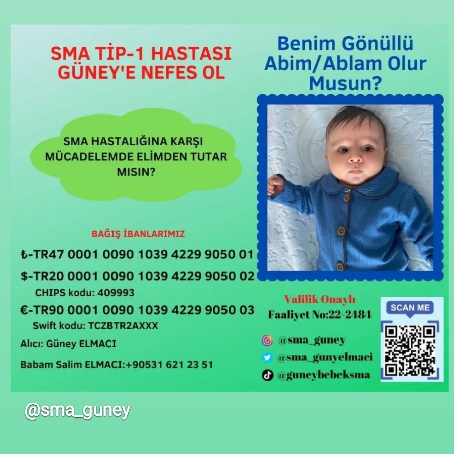 B_R_K_34's tweet photo. Arkadaşlar.. Bu kardeşimiz Güney. Doğumundan bir hafta sonra topuğundan alınan kan testi sonucu SMA TİP-1 hastalığı teşhisi konuldu.💙

Güney'in gülüp hayata tutunabilmesi için bu tweetin altına "Güney Elmacı" yazıp, ayrıca bu tweeti yayabilir misiniz?💙

#KalbimizdesinAhmetCalik https://t.co/dP5myWN8tJ