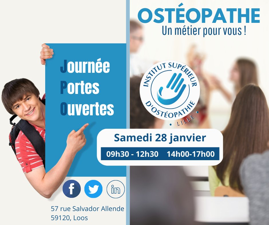 Futur.e #etudiant.e ? 
Viens nous rencontrer le samedi 28 janvier lors de la Journée Portes Ouvertes 😉
Pour s'inscrire, rien de plus facile, clique ici 👉 bit.ly/3TBjuKh 
Au programme : rencontres, échanges, pause gourmande &amp; visite ! 
#osteopathie #etudiant #lille