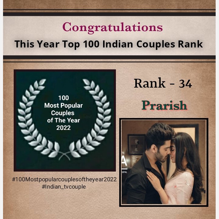 indian_tvcouple's tweet photo. Congratulations 🎉❣️😍 

Rank - 34 ⭐ 

❣️ Prarish ❣️

100 MOST POPULAR COUPLES OF THE YEAR 2022  

#100mostpopularcouplesoftheyear2022 
#indian_tvcouple 

#Prarish #Prarishforever #Simtej #Naagin6 #tejaswiprakash  #TejasswiPrakash𓃵  #Simbanagpal 

@SimbaNagpal7  @itsmetejasswi https://t.co/I0P45QtWx4