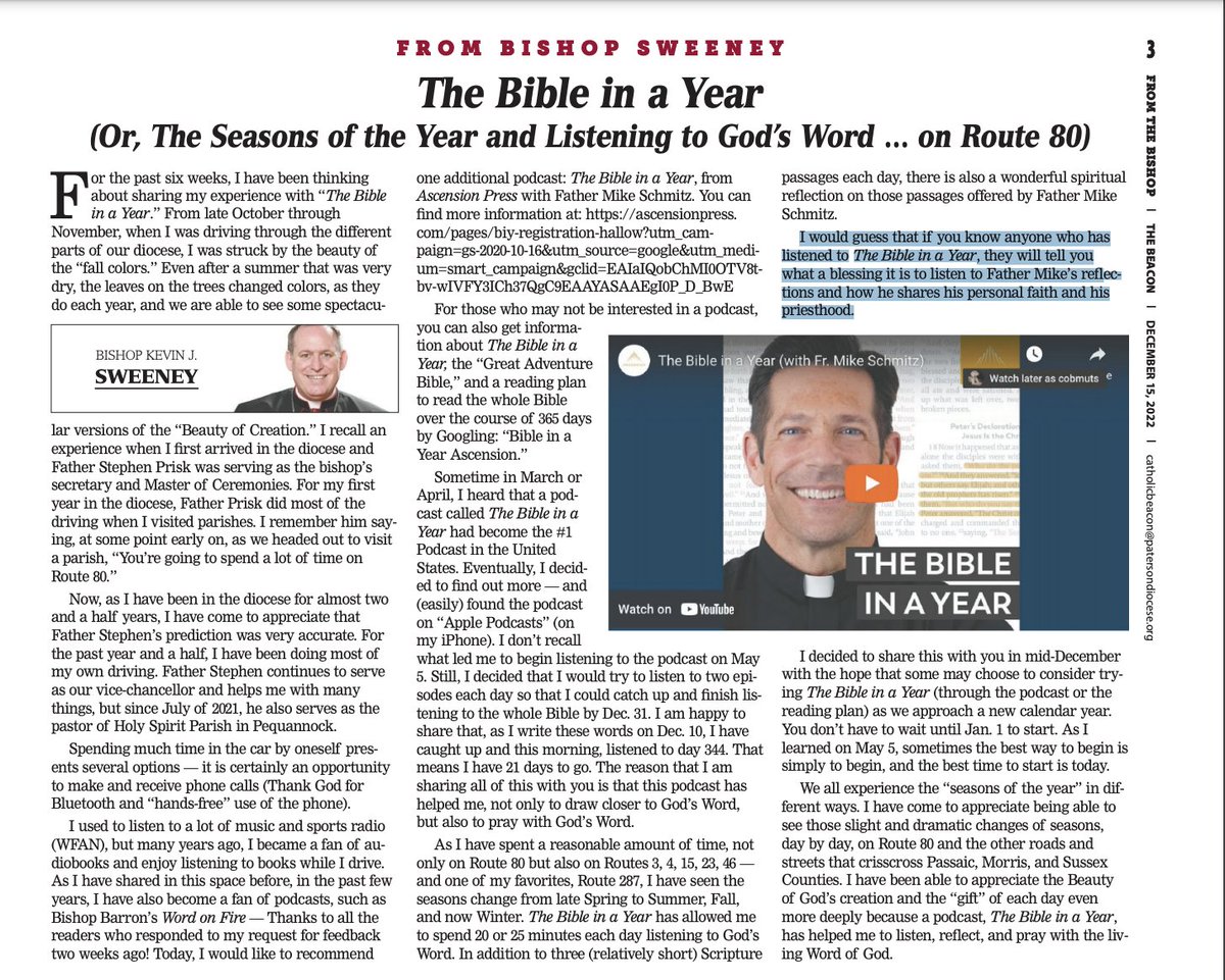 🙏 His excellency Bishop Sweeney of Paterson, NJ is a big fan of BIY!

"If you know anyone who has listened to The Bible in a Year, they will tell you what a blessing it is to listen to Father Mike’s reflections and how he shares his personal faith and his priesthood."