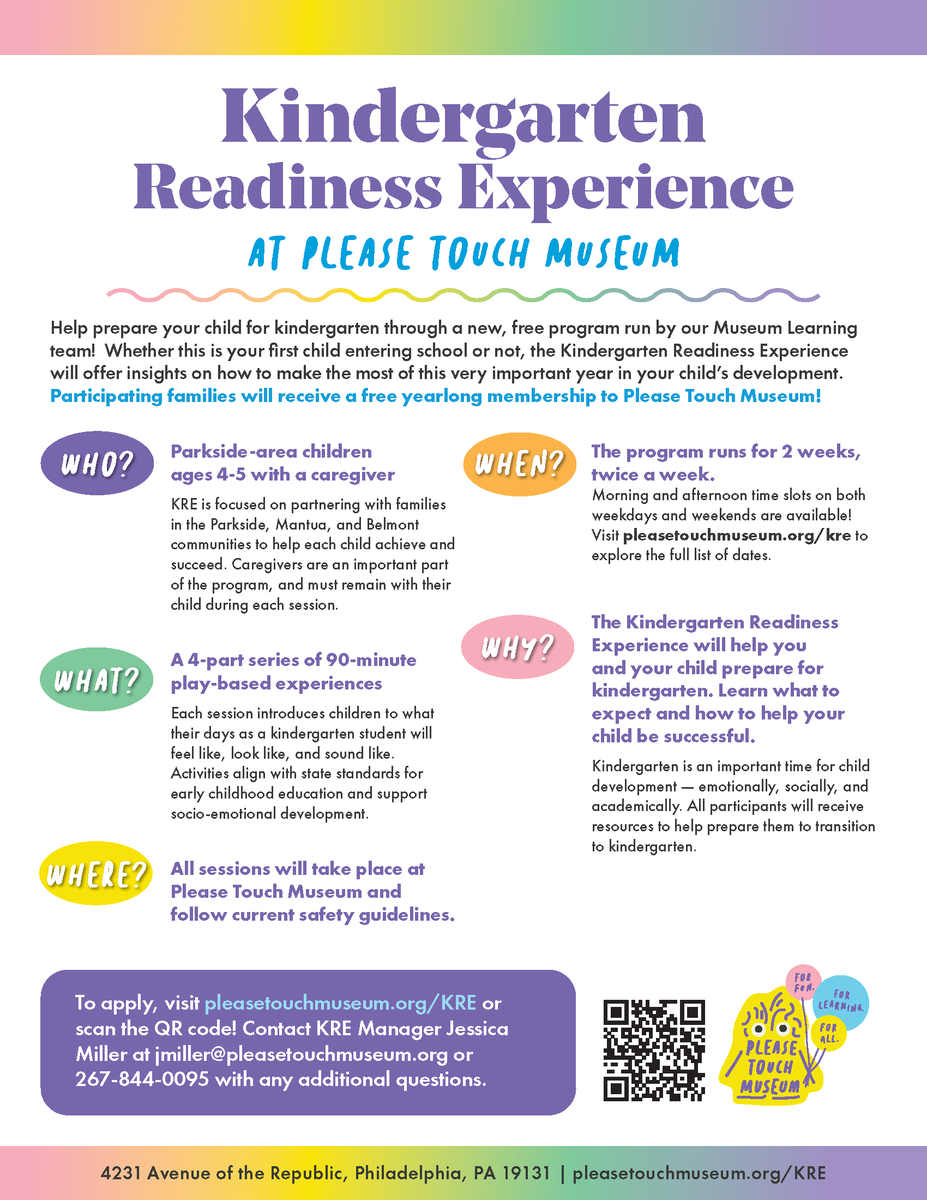 pleasetouch's tweet photo. Our FREE #Kindergarten Readiness Program helps prep kids &amp; parents in Philadelphia for the social, emotional, and academic experience of starting school! Weekday &amp; weekend dates available now through March — sign up today! https://t.co/tQA0n2cEyi https://t.co/DCGXcbSeHo