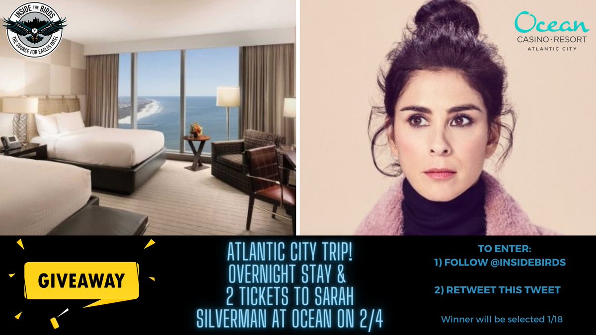 InsideBirds's tweet photo. 🚨ATLANTIC CITY OVERNIGHT STAY #GIVEAWAY🚨
Who wants a complimentary overnight stay at @TheOceanAC and tickets to a show in #AtlanticCity?
To enter:
1. Retweet
2. Follow @insidebirds
Winner selected 1/18! #OceanAC #PhiladelphiaEagles #AtlanticCity #Giveaway https://t.co/YF7yShVVeq