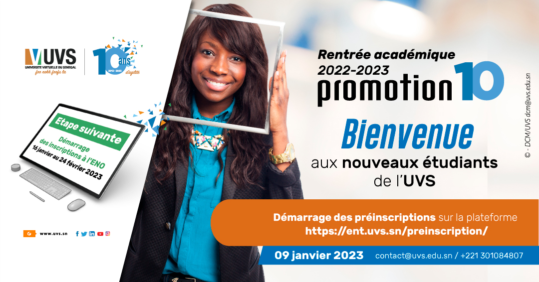 [#UVS_Rentrée2023] - Nouveaux étudiants

- Préinscription et prise de rendez-vous sur ent.uvs.sn/preinscription/. 
- Démarrage des inscriptions administratives et pédagogiques à partir du lundi 16 janvier dans tous les Espaces numériques ouverts (ENO).

#UVS #Kebetu #Senegal