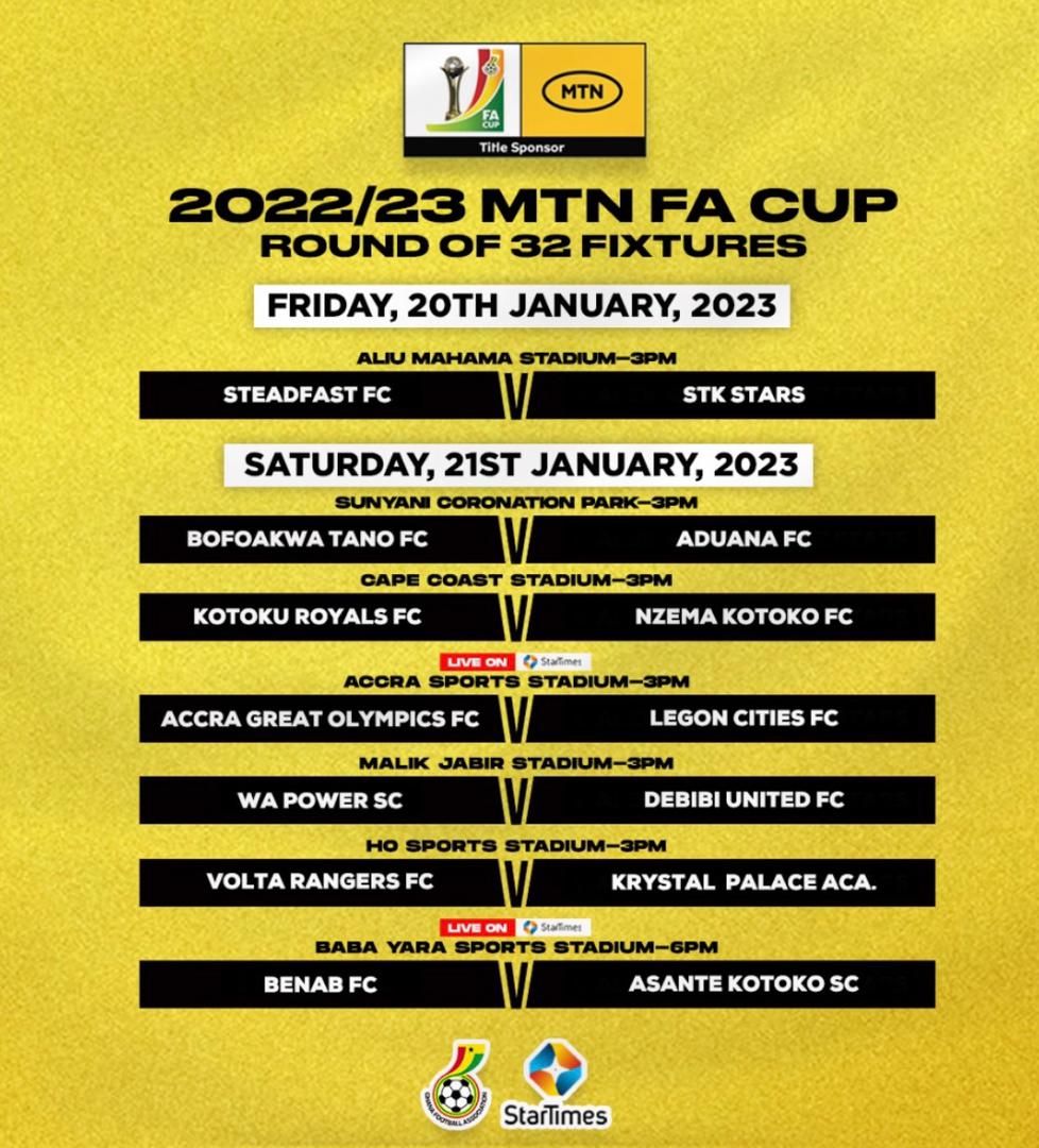MTNFACupGH's tweet photo. FULL FIXTURES FOR MTN FA CUP ROUND OF 32 📑

The round of 32 matches will kick off on the weekend of January 20th – 22nd across various centers.

📰: https://t.co/WoHz7wcJNR

#MTNFACup2023 https://t.co/4WlqYyuubN