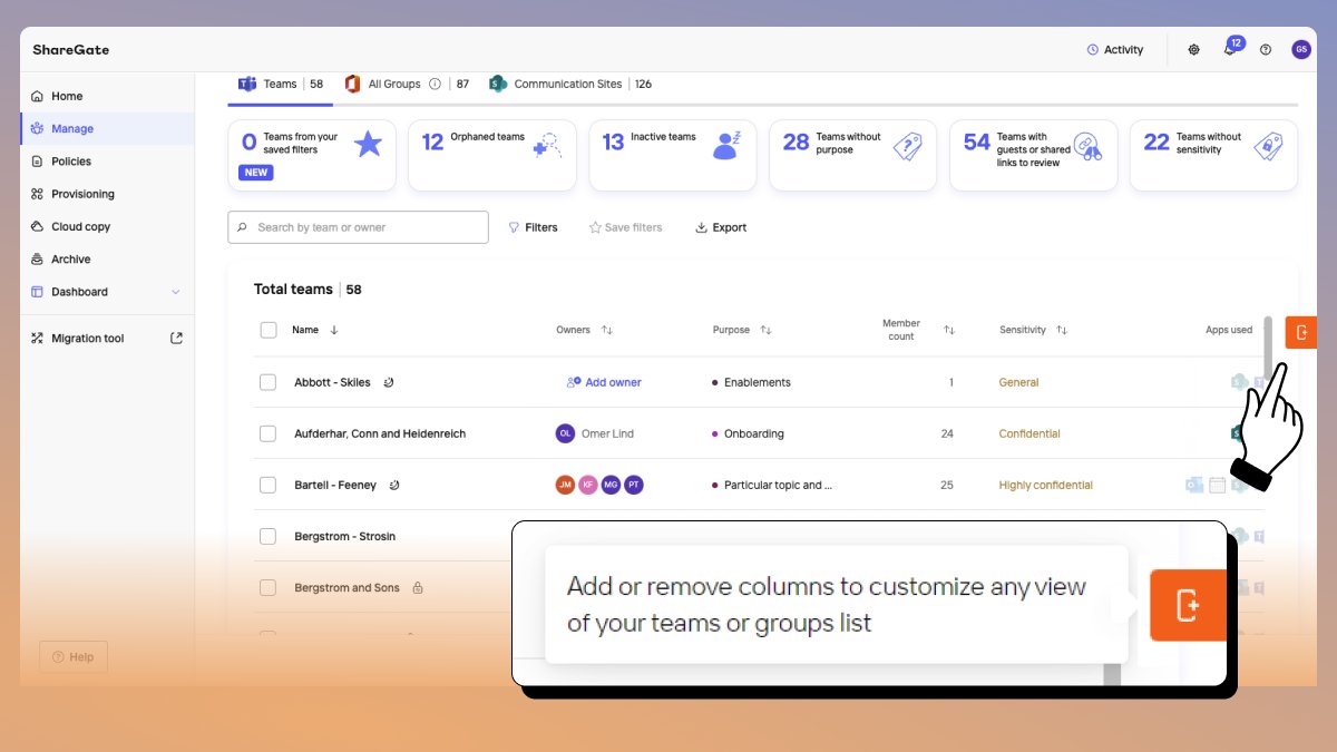 📣 Update alert 📣

You can now add/remove columns to any view of the group list on the Manage Page (Teams and All groups tabs), and the configuration will be reflected in your export 👀

Check it out now in your ShareGate app!
