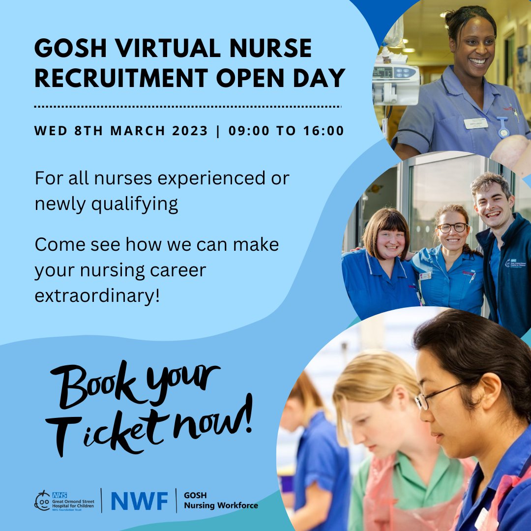 Gosh_Nursing's tweet photo. Tickets are now available! To book your place at our next GOSH virtual open day, please click on the link in our bio. We can't wait to meet you. 💙#nursing #newlyqualified #experienced #adultnurse #paediatricnurse #nursing #mentalhealthnursing https://t.co/RrQTOEVUad
