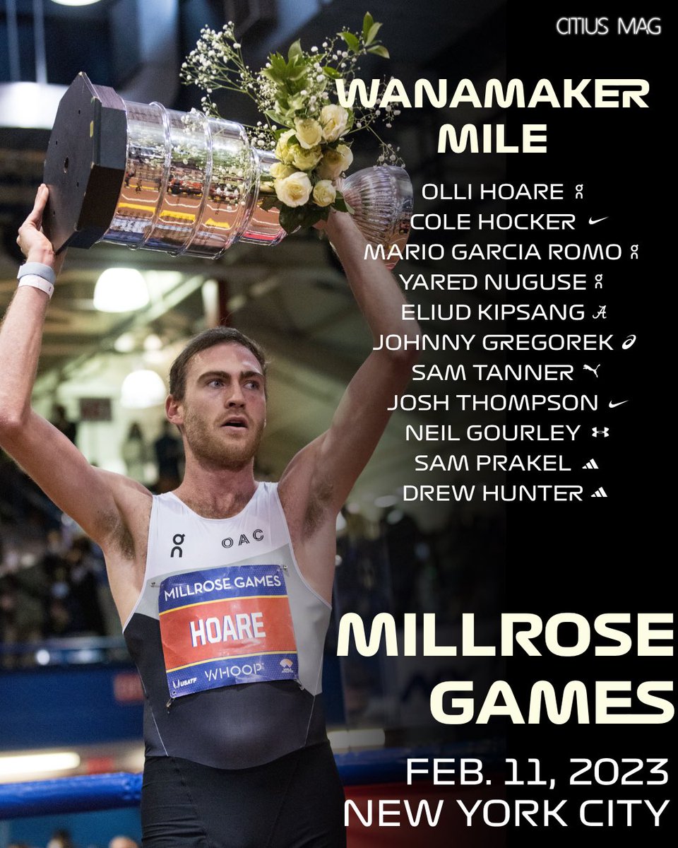 CitiusMag's tweet photo. 👑 @ollie_hoare97 is back to defend his Wanamaker mile title after setting the indoor Australian mile record with last year's 3:50.83 victory.

The challengers include:
@cole_hocker, @mariogarciaromo, @JohnnyGregorek, @drewhunter00, @sprakel10, @neil_gourley + more. 

📆 Feb. 11 https://t.co/i4qeGtlRKQ