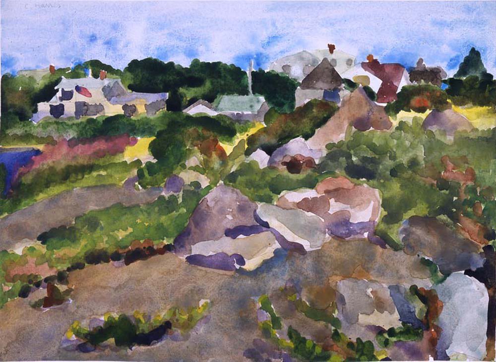 A watercolor painting of houses on a rocky hill by Carolyn Harris