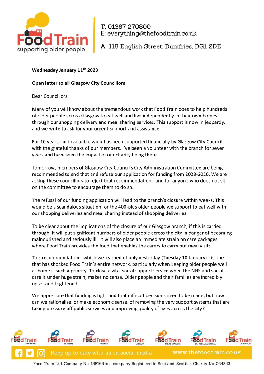 FoodTrainScot's tweet photo. As @GlasgowCC prepare to make a critical decision over the future of our #Glasgow branch tomorrow, we’ve sent this letter to every single Glasgow City Councillor. 

Please RT and feel free to make your views known to your local councillor. https://t.co/SzbQhQH9PU