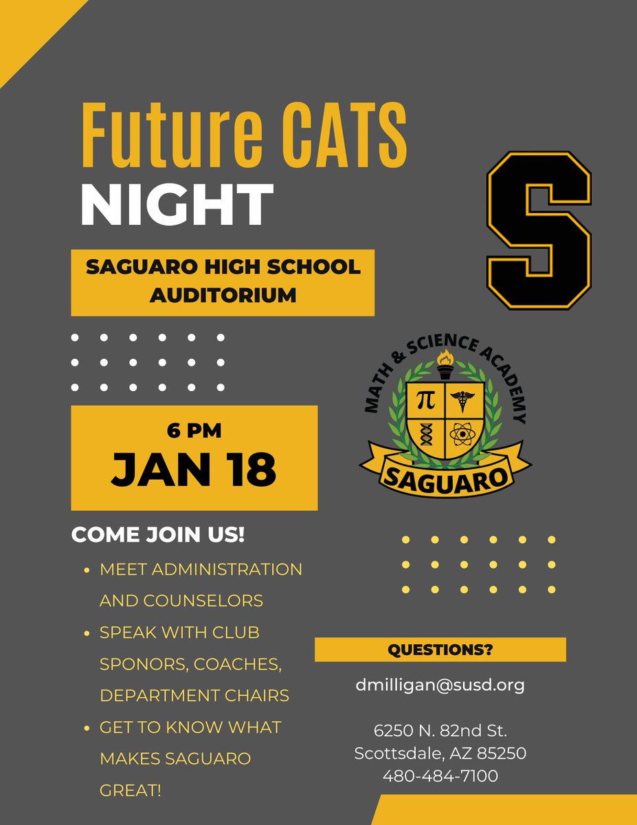 SaguaroSUSD's tweet photo. Future Sabercats! Come join us for two great events next week! Jan. 17th Future Cats Day (for students) and Jan. 18th Future Cats Night (for parents and students) @mohavesusd #wearesaguaro https://t.co/aLzf5eVwfJ