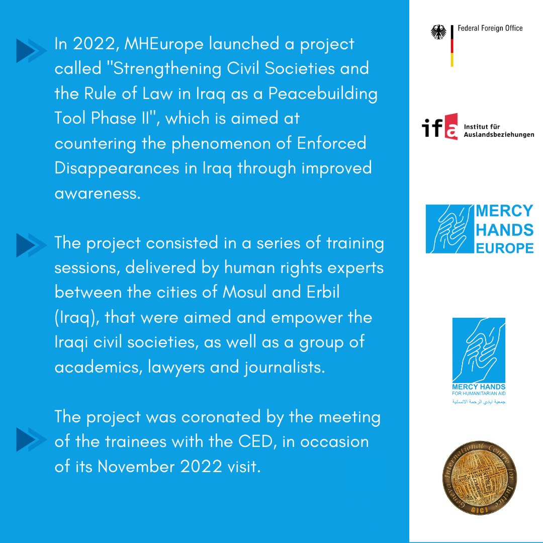 MercyHandsEU's tweet photo. What are enforced disappearances and how does MHEUROPE address this tragic issue? Check our social media accounts to know more!
#Iraq #OHCHR #Enforceddisappearances #UNCED https://t.co/J8NGqfJ5Ys