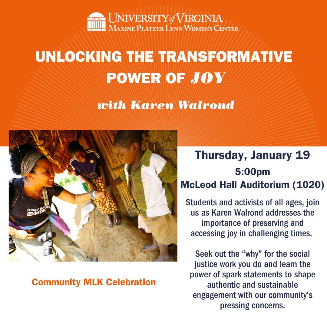 UVaWomensCenter's tweet photo. Join us on Thursday, January 19 at 5pm in the McLeod Hall Auditorium to hear Karen Walrond address the importance of preserving &amp; accessing joy in challenging times! 

Thank you
@cde_uva, @UVAFM, UVA WGS, and 
@UVASON's IDEA Initiative for co-sponsoring!

@Chookooloonks https://t.co/CDyhDhNFaM