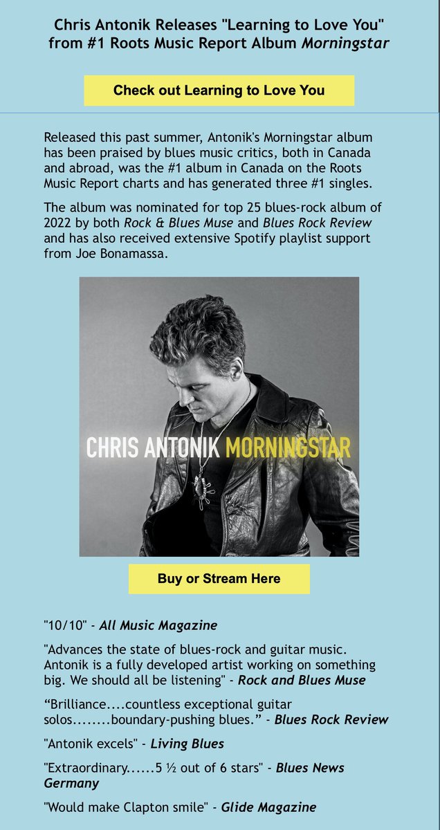 MoondogMyoozik (@moondogmyoozik) on Twitter photo "Learning to Love You" - the latest single released from <a href="/ChrisAntonik/">Chris Antonik</a>'s #1 #blues/#roots album #Morningstar - debuts in the RMR #Top20 this week and headed upward! <a href="/rootsmusreport/">Roots Music Report</a> <a href="/ThatEricAlper/">Eric Alper 🎧</a> <a href="/AtomicMusGroup/">Atomic Music Group</a> #bandcamp "Learning to Love You" - the latest single released from <a href="/ChrisAntonik/">Chris Antonik</a>'s #1 #blues/#roots album #Morningstar - debuts in the RMR #Top20 this week and headed upward! <a href="/rootsmusreport/">Roots Music Report</a> <a href="/ThatEricAlper/">Eric Alper 🎧</a> <a href="/AtomicMusGroup/">Atomic Music Group</a> #bandcamp