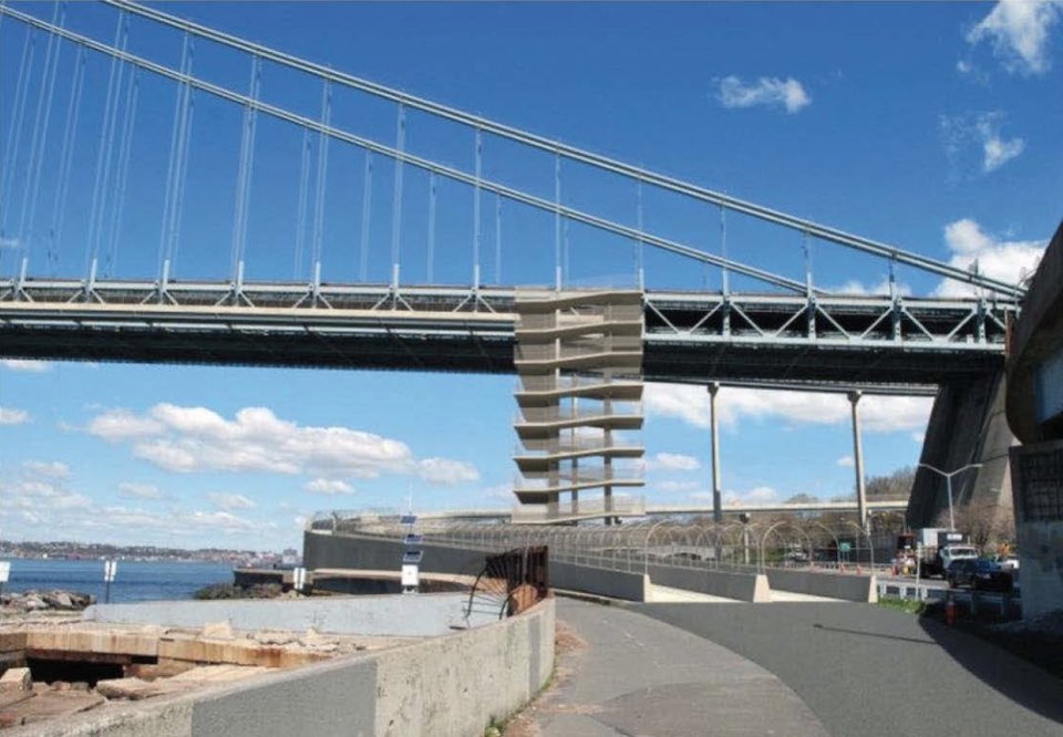The MTA is revisiting the idea  of adding cantilevered bike and pedestrian paths to the Verrazzano Bridge.

The last time this was proposed, they included a comically large and expensive ramp from the waterfront as the means to kill the project altogether.