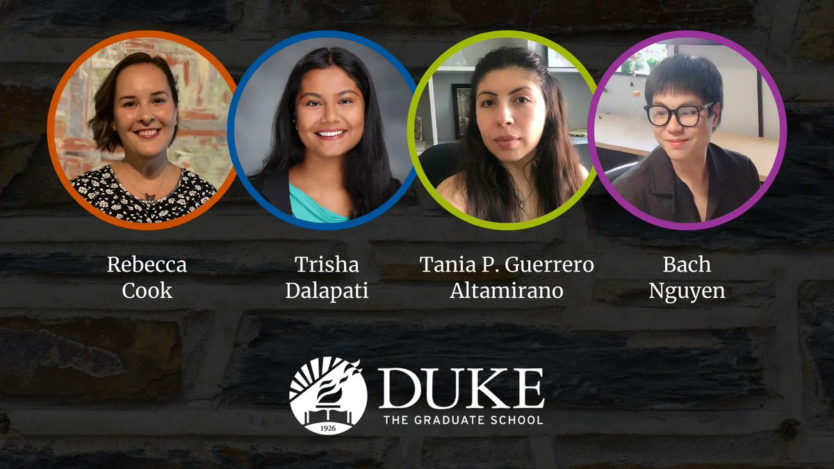 Four Duke PhD students have received @TriCEM_NC Graduate Student Awards for research in evolutionary medicine. Congrats to @rbwcook (@EvAnthDuke), Trisha Dalapati (@DukeMGM), Tania P. Guerrero Altamirano (@DukeUPGG) and @bachnguyen3008 (@dukebiochem)! bit.ly/3INAZoC