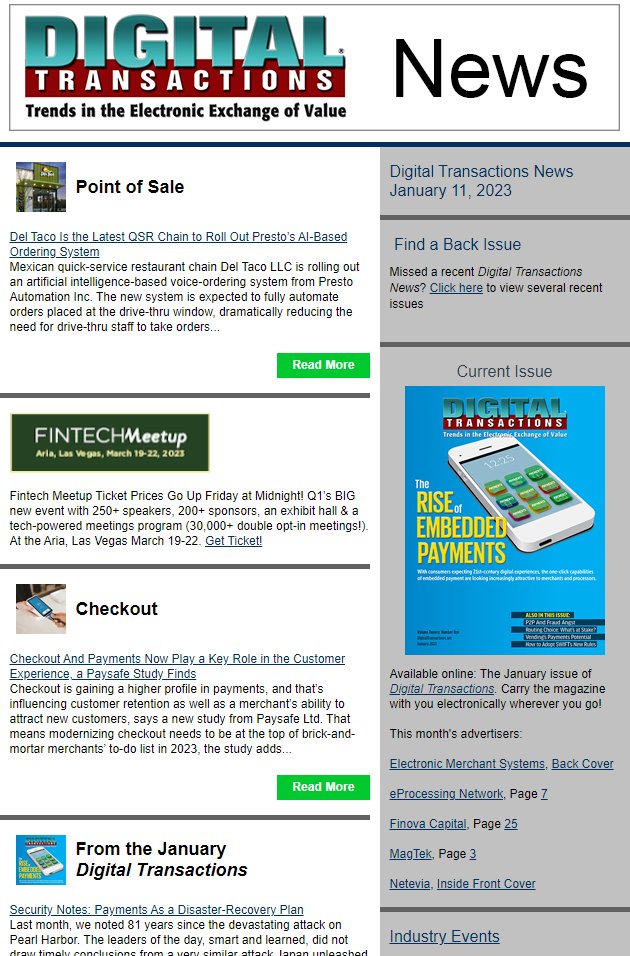 DTPaymentNews's tweet photo. Today’s Digital Transactions News: Del Taco Orders Presto Voice System; Checking in on the Checkout; Card Spending up 5.9% in 2022
https://t.co/4G5Vs3c8nx
#payments #restaurants #voiceordering #POSsystems #ecommerce #checkout #instorepayments #creditcards #debitcards #consumers https://t.co/JKh3h8lrtJ