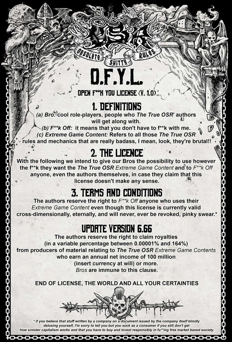 🇬🇧 There's a lot of talk about licenses, adaptations and multinationals that only think about money, here is our educated point of view: DO WHATEVER THE F**K YOU WANT WITH OSR, it's your TTRPG, we only give you our version

Till the next controversy, cordially
THG
#osr #oldschool