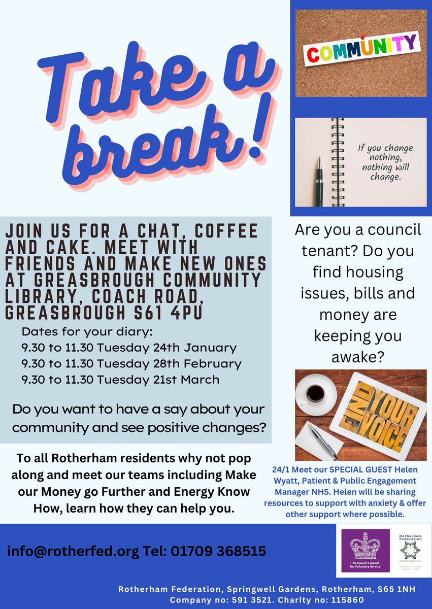 Not long now until our coffee event Greasbrough Community Library on 24/1 check the flyer for info and special guest. All Rotherham residents are welcome #StrongerTogether #strongercommunities