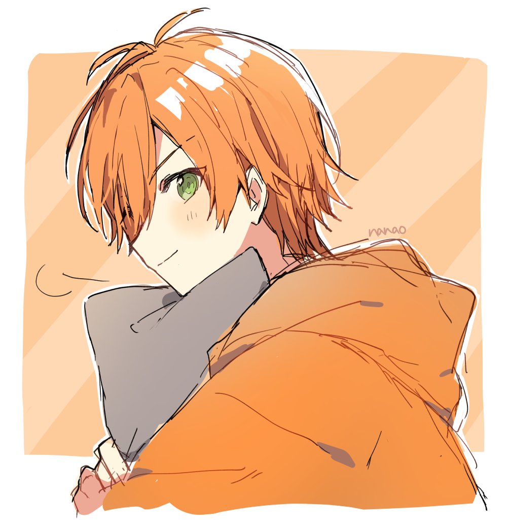 1boy male focus orange hair green eyes hood solo smile  illustration images