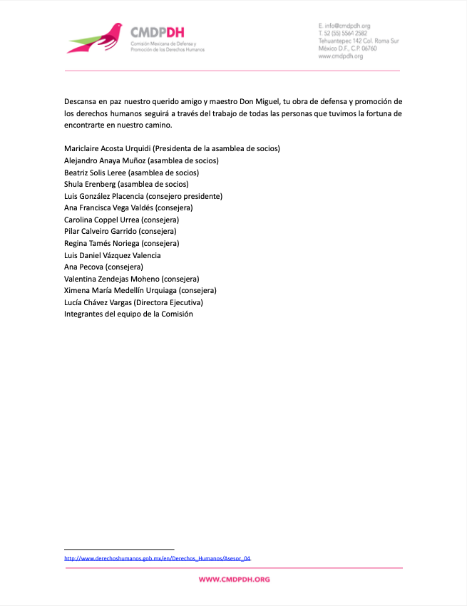 #Comunicado |  El equipo de la CMDPDH, su Asamblea de Socios y Consejo Directivo lamentan profundamente la partida del Padre Don Miguel Concha Malo, incansable promotor y defensor de los derechos humanos en México.

Su espíritu de lucha perdurará por siempre.
Descanse en paz.🕊