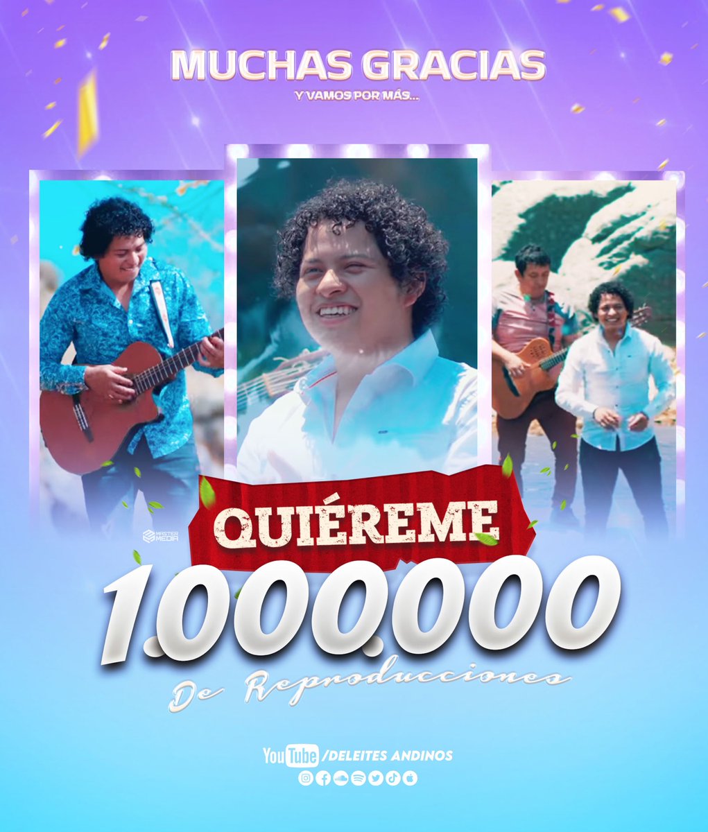 DeLeitesAnDinos's tweet photo. ¡#Quiereme !⭐ 🥳🥳
Ya somos + 1 Millón de reproducciones
Gracias por seguir disfrutando de este éxito..!!
👉 https://t.co/KfxOVVjTaj

Deleites Andinos 🇵🇪🎉
Lo Nuevo y Lo Mejor ¡ ⭐ https://t.co/OlXYKLmwmK