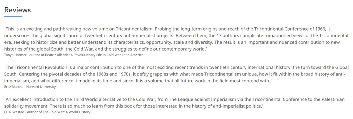 Excited that The Tricontinental Revolution is now open-access (& soon paperback). Download full PDF to explore the militant #GlobalSouth radicalism that linked Asia, Africa, & Latin America during #ColdWar & how it fit in 20th century #antiimperialism. cambridge.org/core/books/tri…