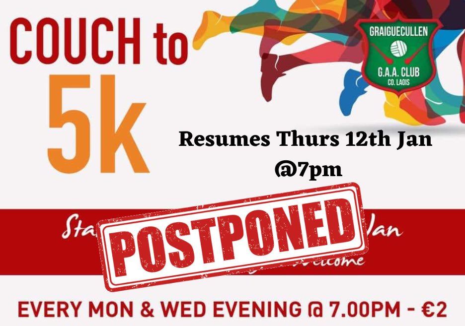 🚨 ATTENTION 🚨 

Due to weather conditions, this evenings Couch to 5k has been postponed. 

Couch to 5K will resume tomorrow, Thursday 12th January at 7pm instead. 

Please spread the word.