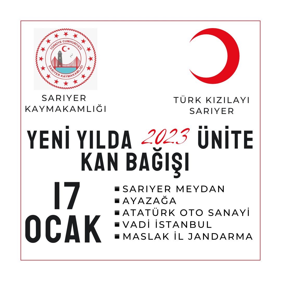 🗓️17 Ocak Salı
🕘09.00 🕖 19.00
◾️Sarıyer Meydan
◾️Ayazağa 
◾️Atatürk Oto Sanayi
◾️Vadi İstanbul 
◾️Maslak İl Jandarma
Tüm hazırlıklar tamamlanmak üzere, saatlerimizi ayarladık.
Yeni Yılda 2️⃣0️⃣2️⃣3️⃣ Ünite Kan Bağışı Kampanyasına kıymetli hemşerilerimizi davet ediyoruz 🩸