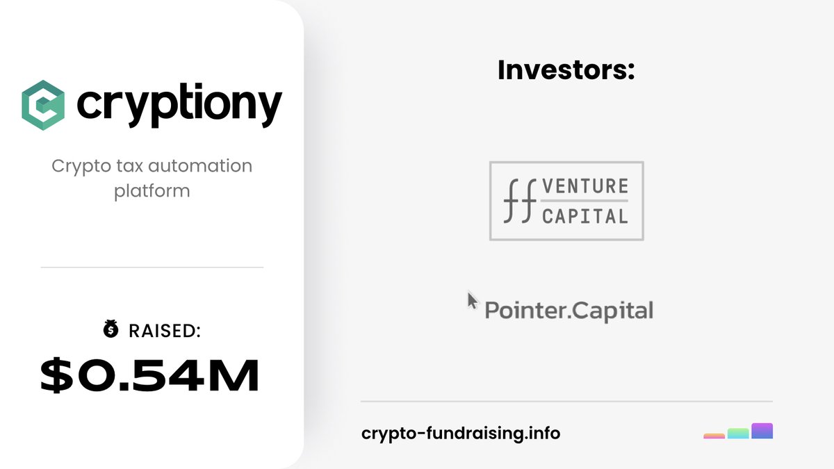 Crypto tax automation platform <a href="/cryptiony/">Cryptiony</a> raised $0.54M in a pre-seed funding round led by <a href="/ffvc/">ff Venture Capital</a> with <a href="/Pointer_Capital/">Pointer.Capital</a>.
crypto-fundraising.info/project/?id=11…