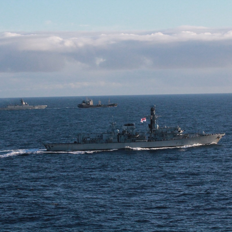 RoyalNavy's tweet photo. Royal Navy warship @HMSPortland is tracking Russian guided missile frigate Admiral Gorshkov and accompanying tanker Kama as they sail in international waters close to the UK.