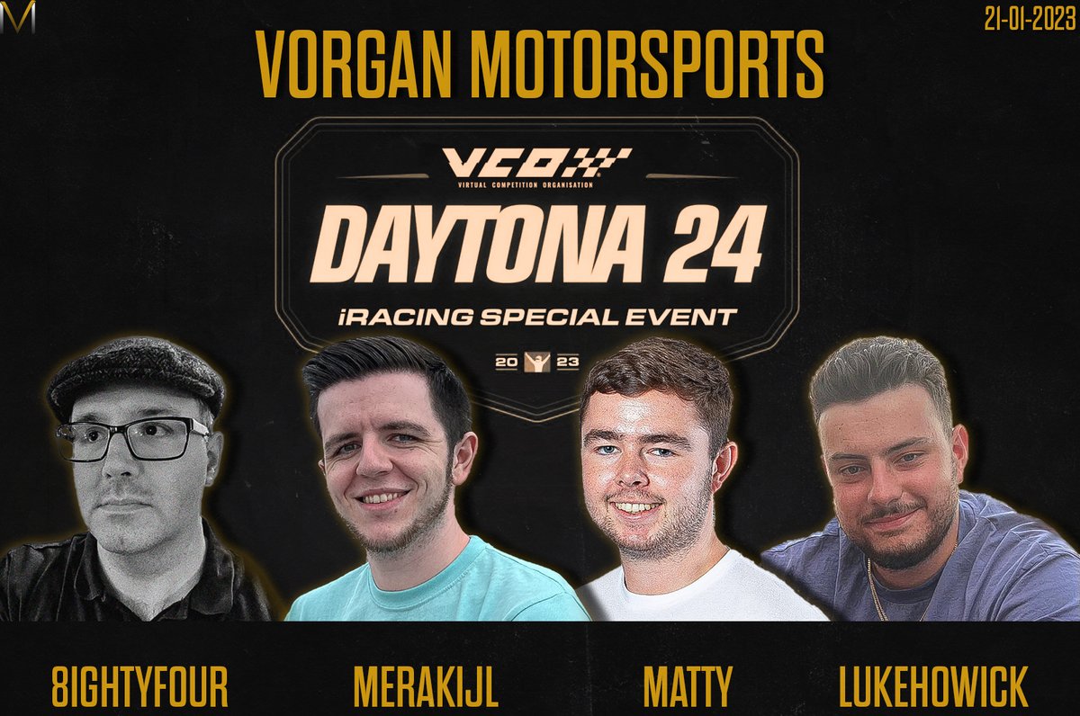 𝐃𝐀𝐘𝐓𝐎𝐍𝐀 𝟐𝟒

We're proud to let you know about our entry into the Iracing Daytona 24 on the 21st of January with <a href="/EightyFOUR841/">EightyFOUR_84</a> <a href="/MerakiJL_/">Meraki</a> <a href="/MattyJacko14/">Matty</a>  <a href="/VM_LukeHowick/">Luke</a> in the LMP2 category
We cannot wait for you guys to see them drive!

Lots to experience in 24 hours! 🤜