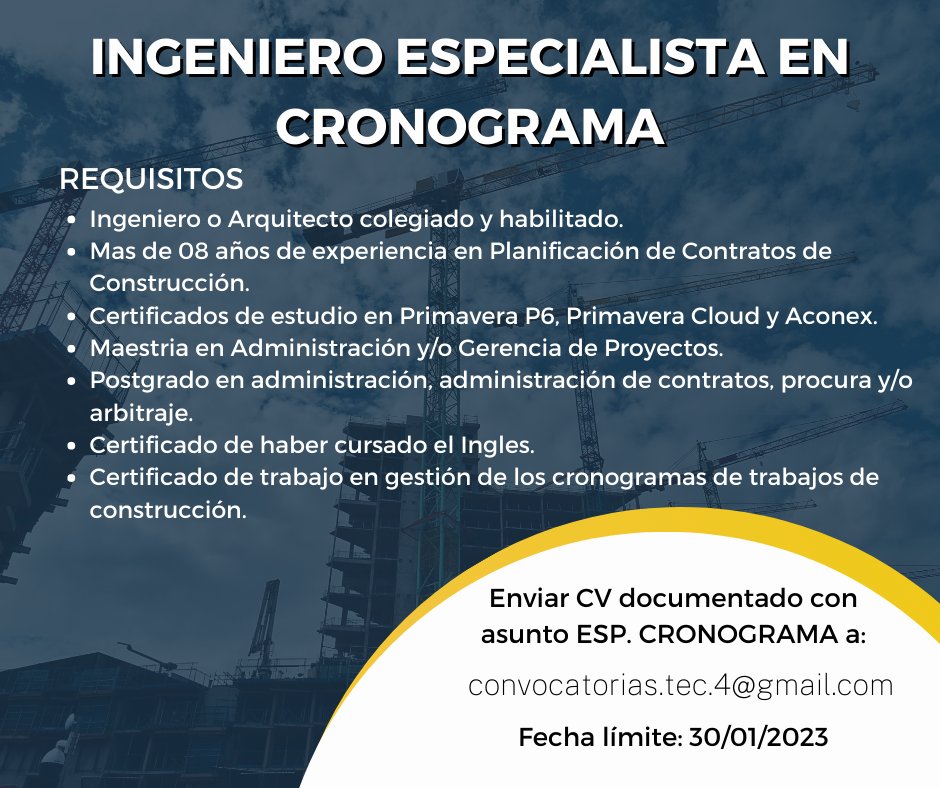 Opotunidad Laboral
Esp. en Cronograma
Enviar CV documentado
#trabajoperu #bolsadetrabajo #peru #convocatorias #encontre #ingenieriacivil #busquedalaboral #ingenieros #cip #limaperu #CVG