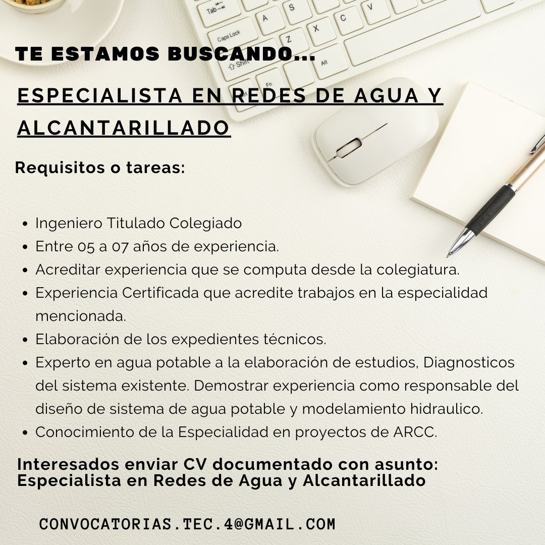 Opotunidad Laboral
Especialista en Redes de Agua y Alcantarillado
Enviar CV documentado
#trabajoperu #bolsadetrabajo #peru #convocatorias #encontre #ingenieriacivil #busquedalaboral #ingenieros #cip #limaperu