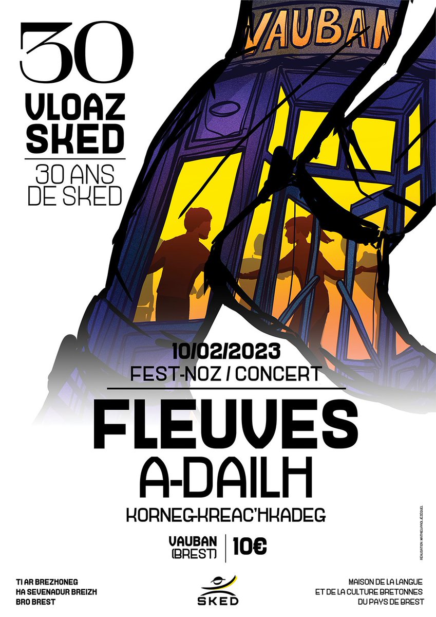 SKEDbrest's tweet image. 30 VLOAZ SKED

Gan plijadur e kinnigomp deoc'h skritell fest-noz 30 vloaz SKED a vo dalc'het er Vauban uban d'an 10 a viz C'hwevrer !
Deuit ‘ta da zañsal gant Fleuves , A-Dailh hag an daouad Korneg / Krec’hkadeg c'hkadeg Strolladoù Penn-ar-bed 100% !

#festnoz #brest #brezhoneg