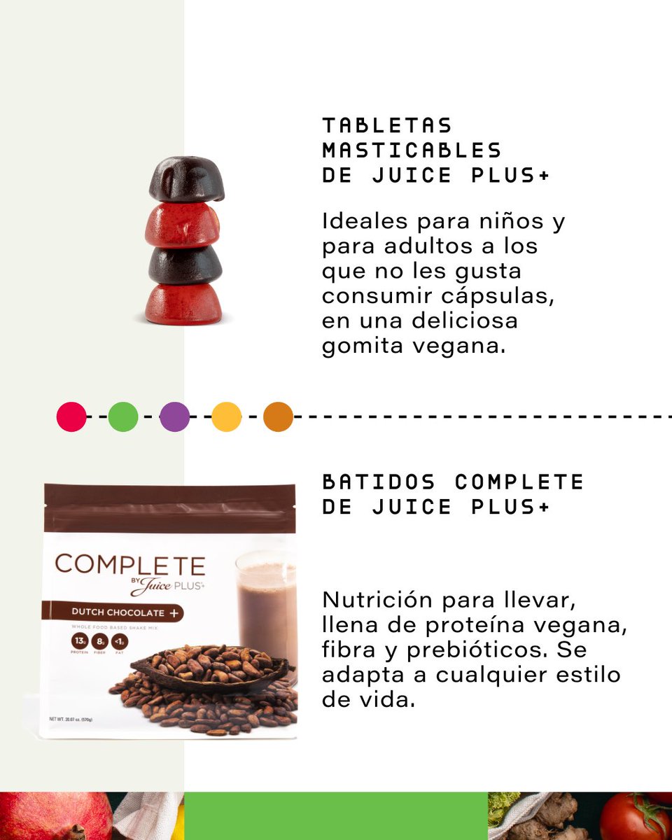 JuicePlusMexico's tweet photo. Nuestros productos en Juice Plus+ se adaptan a un estilo de vida vegano. Siendo 100% a base de plantas, las cápsulas, tabletas masticables y batidos Complete, complementan tu alimentación con nutrientes esenciales para impulsar tu día. 🌿 #JuicePlusMX https://t.co/rNKTZe2Nx5