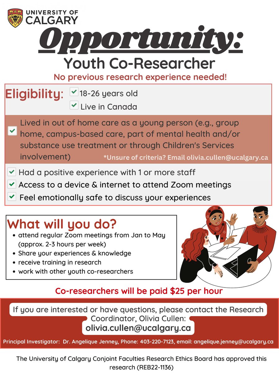 om_cullen's tweet photo. Looking for Canadian youth between 18 and 26 who lived in an out-of-home care setting as a child/youth to join our research team! #research #canada #mentalhealth #youth #canadianyouth #canadianresearch https://t.co/l9rM38b4Wr