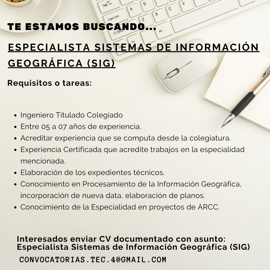 Opotunidad Laboral
Especialista Sistemas de Información Geográfica (SIG)
Enviar CV documentado
#trabajoperu #bolsadetrabajo #peru #convocatorias #encontre #ingenieriacivil #busquedalaboral #ingenieros #cip #limaperu #CV